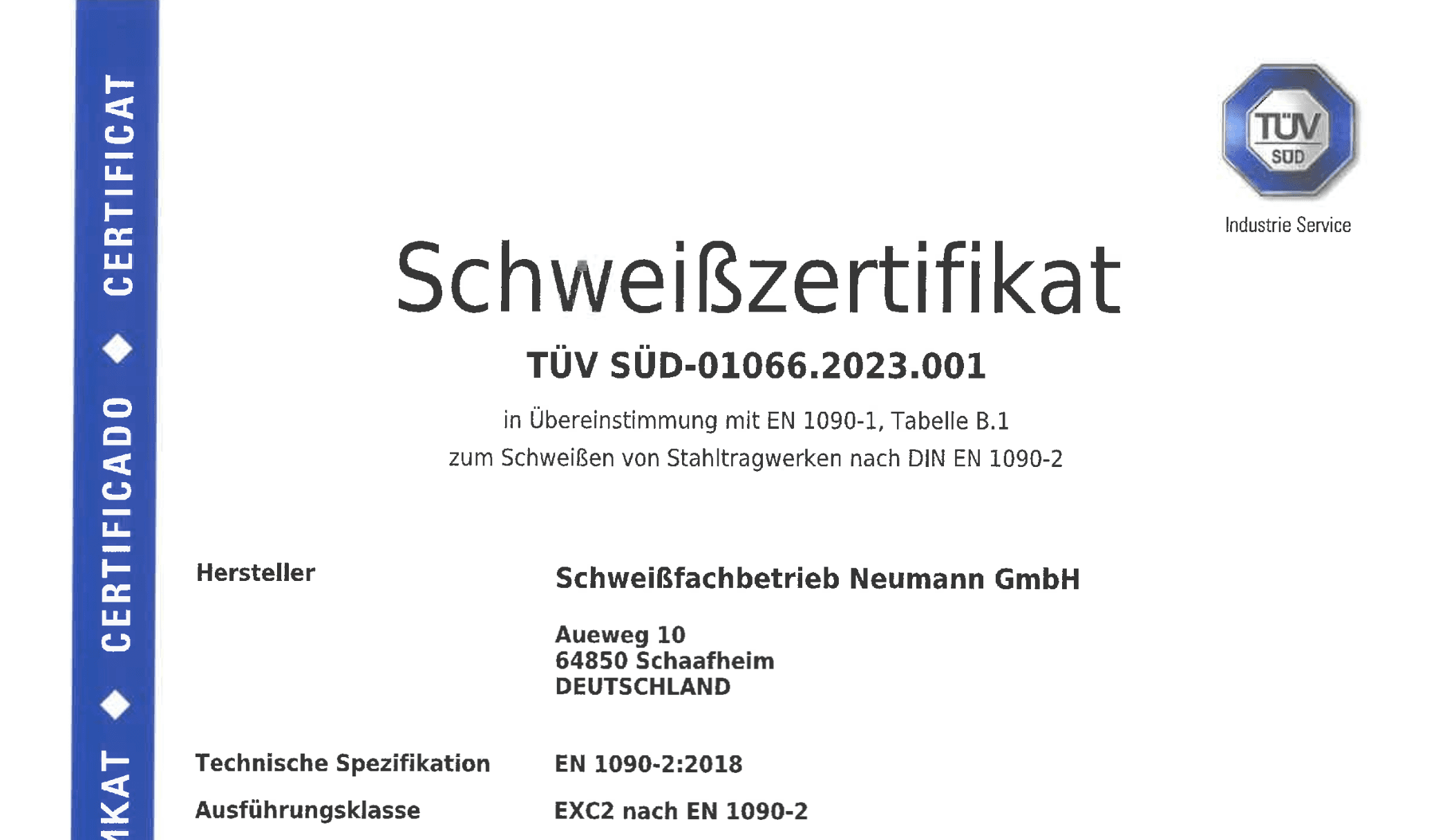 Schweißzertifikat EXC2 nach EN 1090-2 Zertifikat